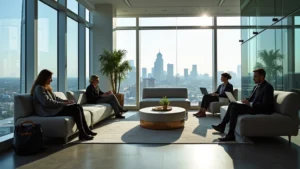 Modern hotel lobby with contemporary seating, glass architectural elements, and professional ambiance featuring tech professionals working on laptops near floor-to-ceiling windows with Austin skyline visible in background