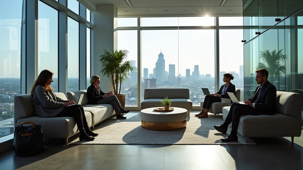 Modern hotel lobby with contemporary seating, glass architectural elements, and professional ambiance featuring tech professionals working on laptops near floor-to-ceiling windows with Austin skyline visible in background