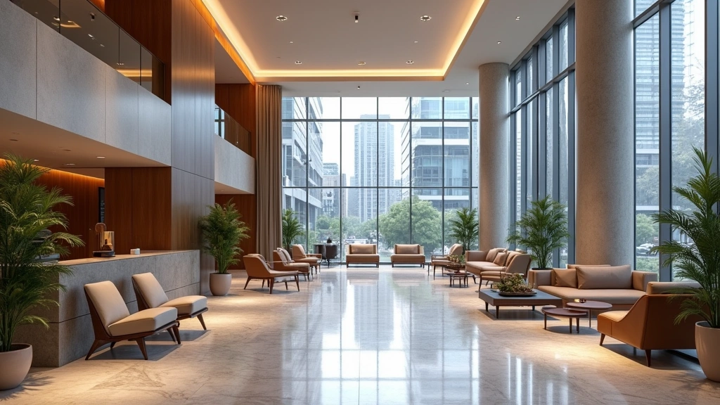Contemporary hotel lobby and business center with open floor plan, comfortable seating areas, high-tech ambiance, glass windows showing surrounding tech buildings, marble flooring, modern lighting fixtures photorealistic