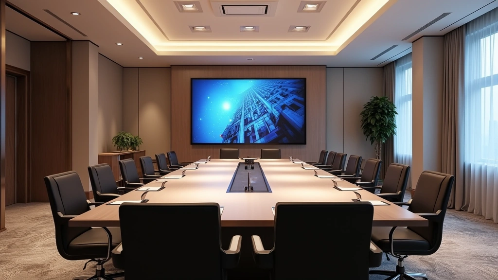 Upscale hotel conference room with video conferencing setup, wall-mounted screens displaying presentation, professional boardroom table, comfortable executive chairs, natural lighting, tech infrastructure visible photorealistic