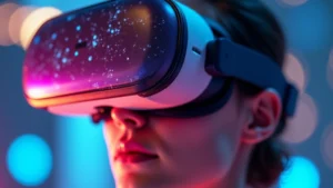 Close-up of high-resolution VR headset display showing vibrant colors and sharp pixels, modern design aesthetic, photorealistic rendering, tech gadget showcase