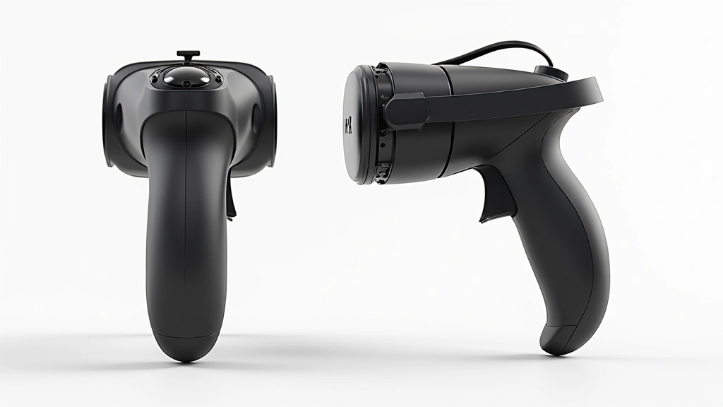 Detailed view of VR controller haptic feedback mechanism and ergonomic design, precision tracking sensors, premium build quality, technical specifications visible in components