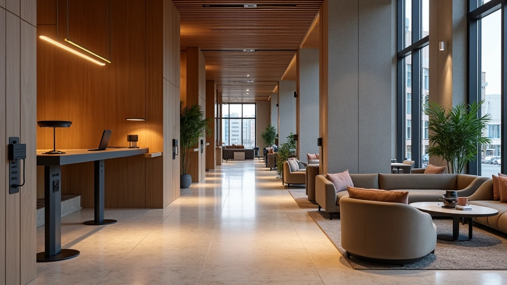 Contemporary hotel lobby featuring standing desks, collaborative workspace zones with comfortable seating, ambient lighting, and power outlets integrated throughout