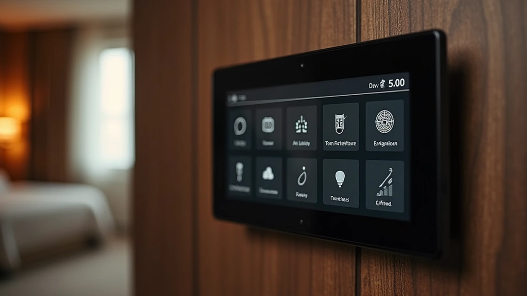 Smart hotel room control panel display showing lighting intensity, temperature settings, and entertainment options on digital interface, sleek modern aesthetic