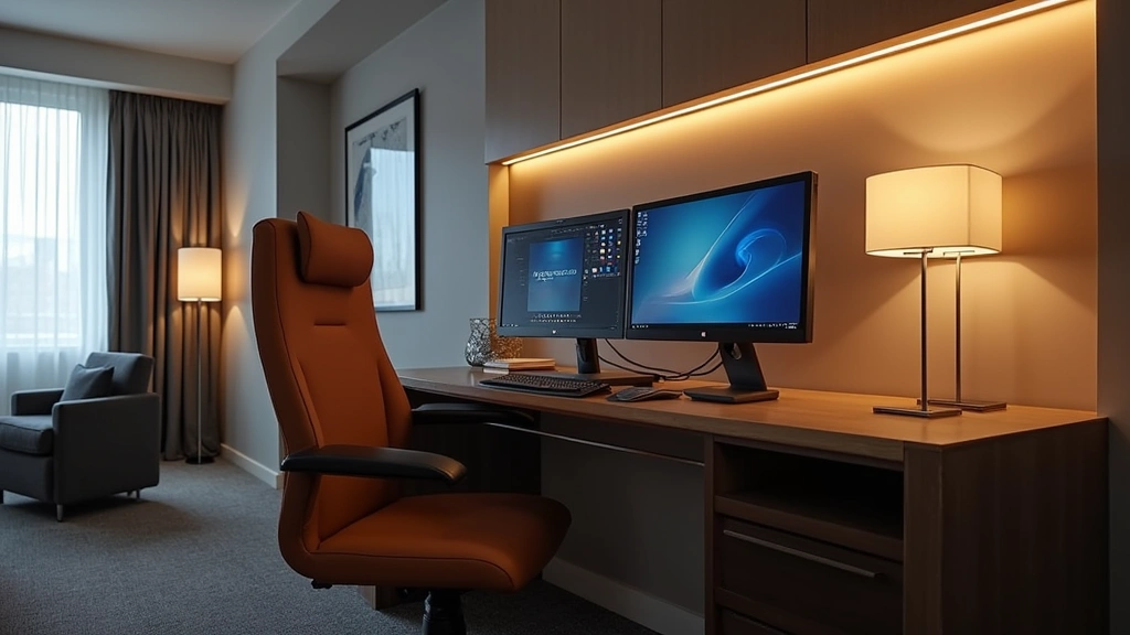 Modern hotel room workspace with dual monitor setup, ergonomic desk chair, laptop, and professional lighting in contemporary business hotel aesthetic