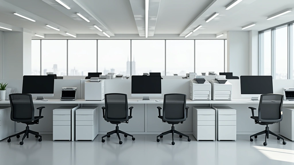 Business center with multiple workstations featuring computers, printers, and professional office equipment in clean minimalist design