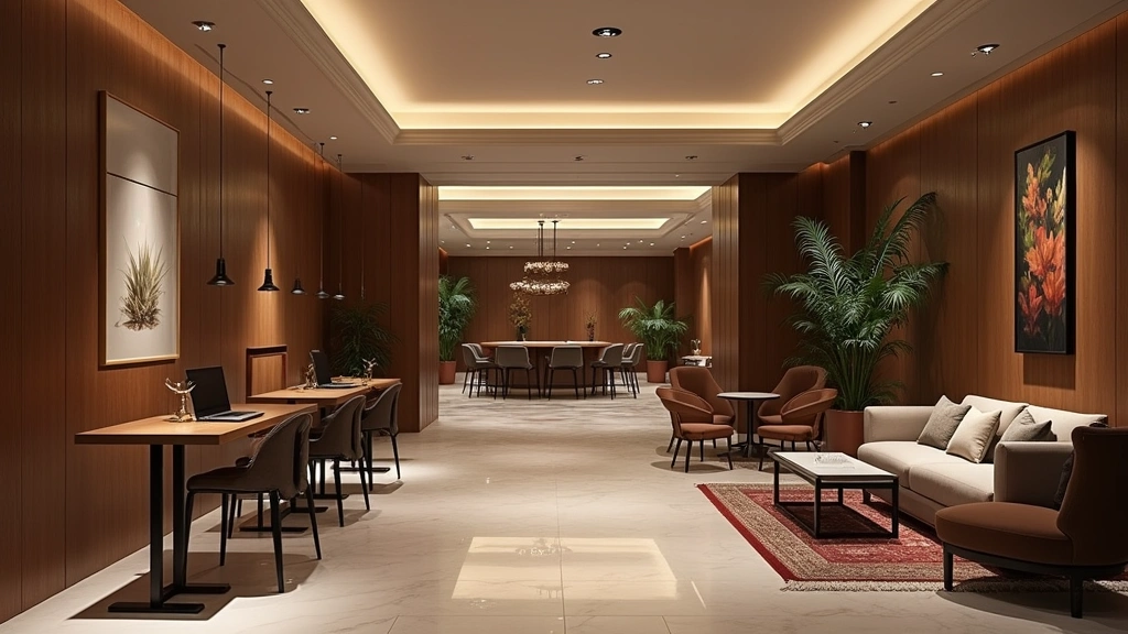 Hotel lobby lounge area with standing-height work tables, comfortable seating, and modern decor with soft ambient lighting for remote workers