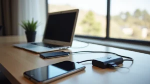 Modern hotel room desk setup with laptop, smartphone, and tablet charging simultaneously from power strip, bright natural window light, professional workspace photography