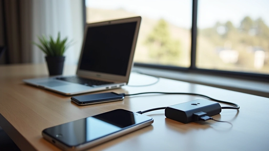 Modern hotel room desk setup with laptop, smartphone, and tablet charging simultaneously from power strip, bright natural window light, professional workspace photography