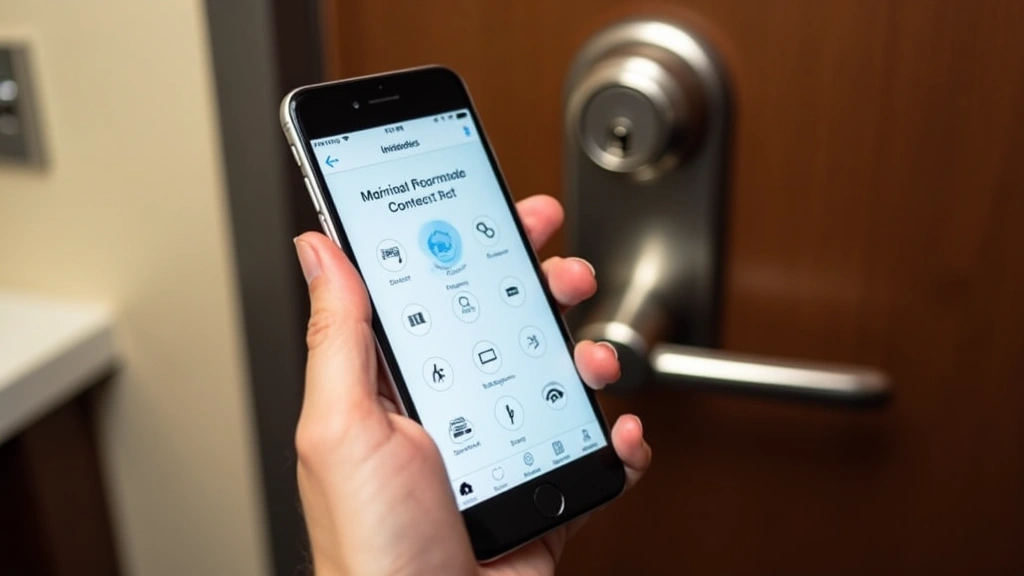 Smartphone displaying Marriott Bonvoy app interface with digital key and room control options visible on screen, hand holding phone near hotel room door lock