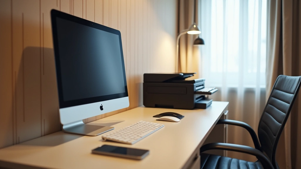 Hotel business center with desktop computer, printer, and modern desk setup showing professional work environment with clean minimalist design and good lighting