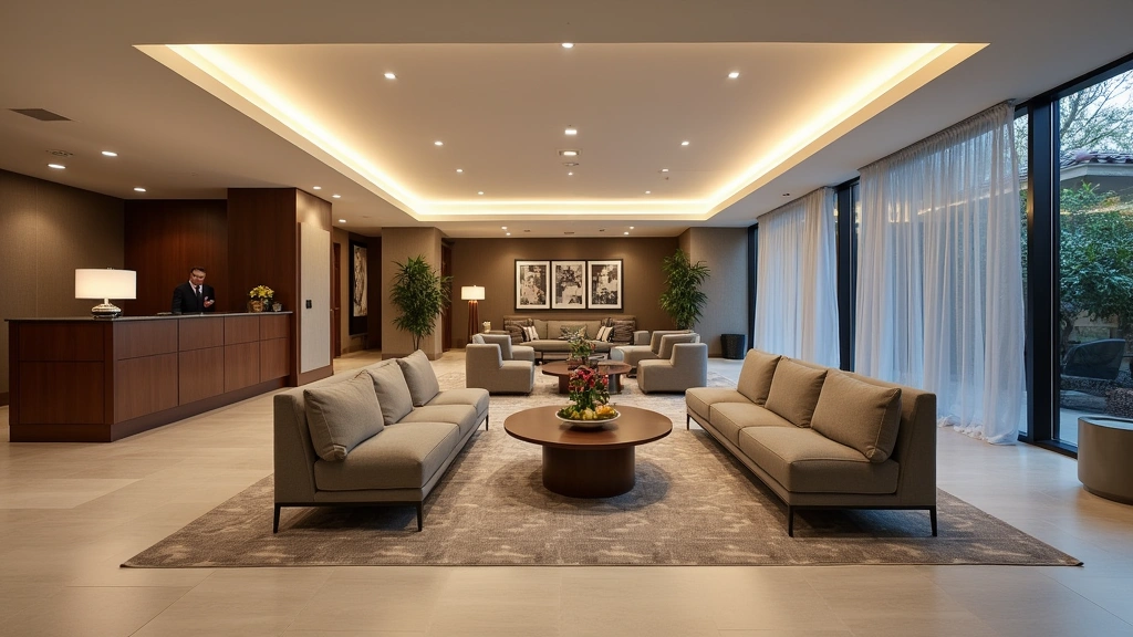 Courtyard Marriott hotel lobby lounge area with comfortable seating, contemporary furniture design, ambient lighting, professional atmosphere, no people visible, clean modern interior