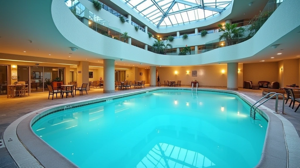 Hotel swimming pool area with heated water, surrounding seating areas, indoor facility with glass ceiling, modern amenities visible, bright contemporary design, no guests in frame