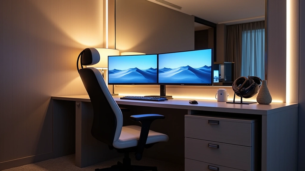 Modern hotel room with sleek desk setup, dual monitors, ergonomic chair, and professional lighting under bright LED panels, minimalist contemporary design, high-end electronics visible