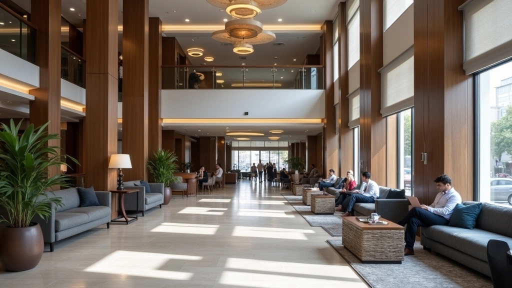 Contemporary hotel lobby featuring high-speed WiFi access point, comfortable seating areas with charging stations, business travelers with laptops, professional environment with modern architecture