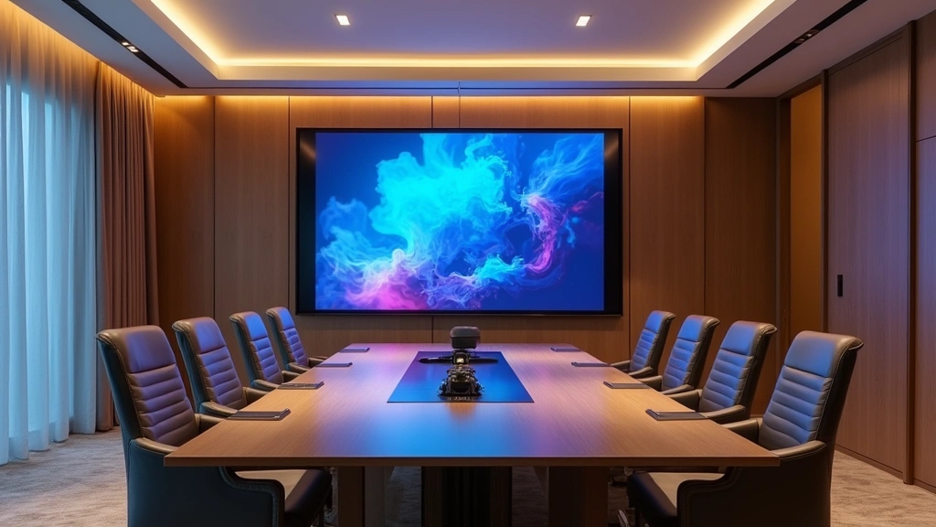 Premium hotel conference room with large 4K display screen, wireless presentation setup, integrated video conferencing camera, professional meeting table, modern tech-forward interior design