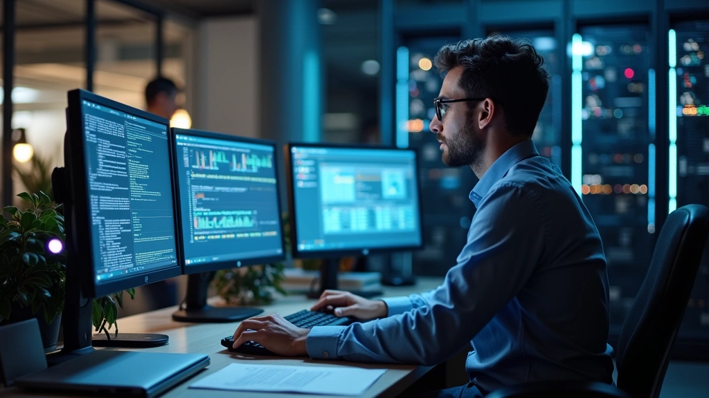 Professional business person at desk with dual monitors and networking equipment, reviewing technical documentation, modern office environment with cable management and server infrastructure visible in background