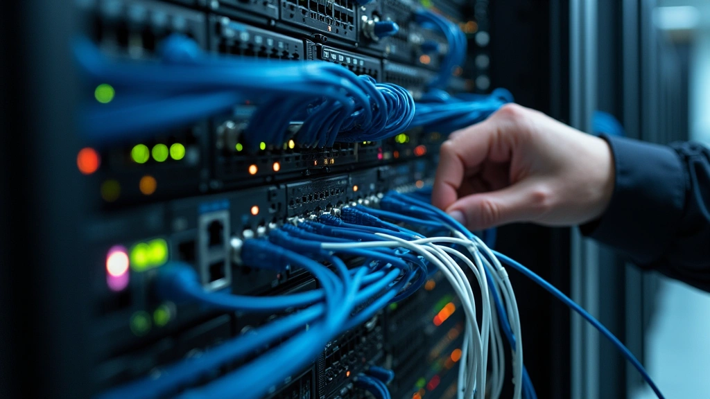 Close-up of technician's hands adjusting fiber optic cables and network switches in a data center, showing professional-grade networking equipment and LED status indicators, clean technical environment