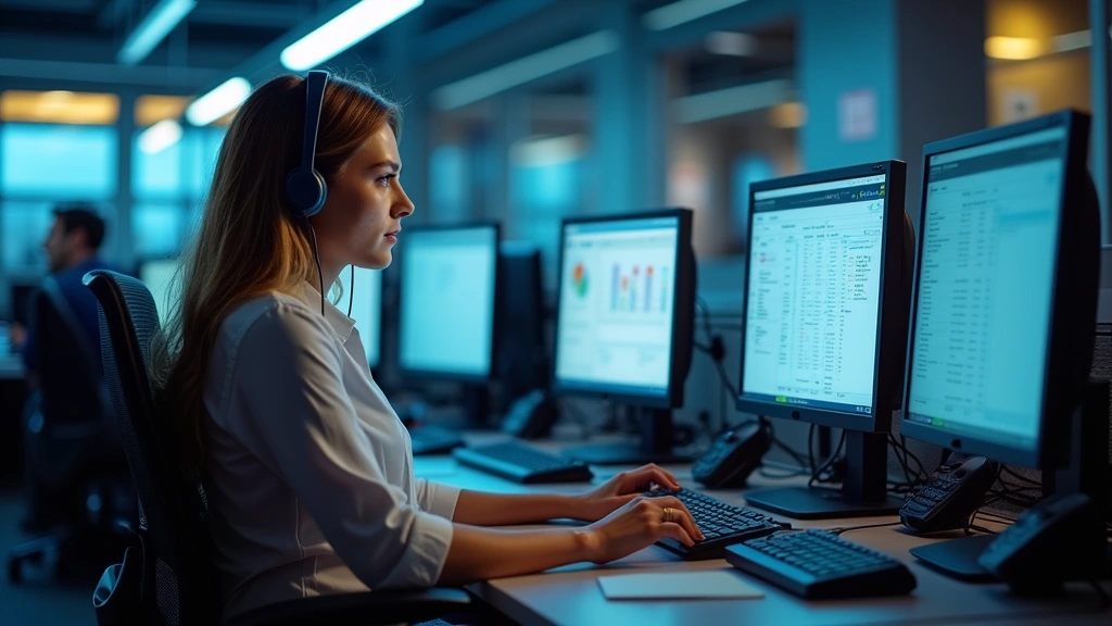 Customer service representative wearing headset at computer workstation with multiple phone lines and support ticketing system displayed on monitors, professional call center environment with network infrastructure visible