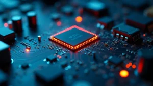 Close-up of advanced sensor array on circuit board with LED indicators glowing, photorealistic technology component, shallow depth of field, professional lighting