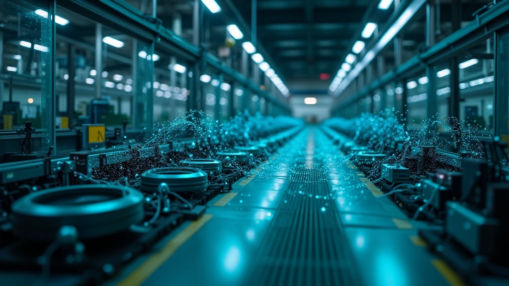 Industrial manufacturing facility with IoT sensors mounted on machinery, network visualization showing data streams between devices, blue and green data flow patterns, high-tech atmosphere