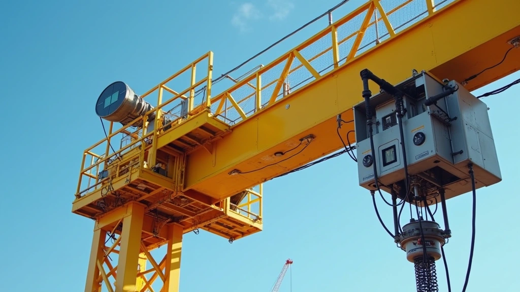 Professional construction site with modern yellow crane equipped with digital sensors and monitoring equipment, clear blue sky, detailed close-up of electronic control systems and hydraulic mechanisms