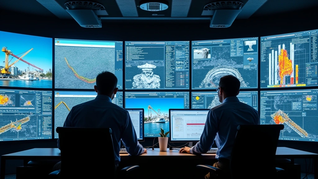 High-tech control room interior showing multiple large display screens with real-time crane operation data, graphs, heat maps, and equipment diagnostics, professional operators at workstations
