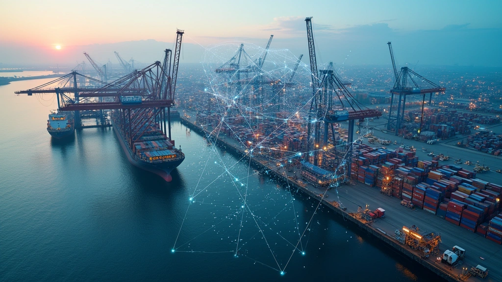 Aerial view of large industrial port or warehouse facility with multiple cranes working simultaneously, containers being moved, IoT connectivity visualization with digital network lines overlaid, modern infrastructure