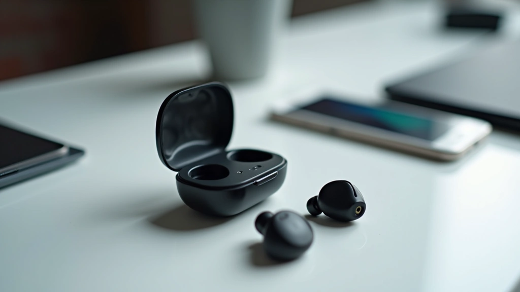 Close-up of premium tech gadgets and accessories neatly arranged on minimalist desk surface with soft natural lighting, showing wireless earbuds, portable charger, smart device, and innovative tools