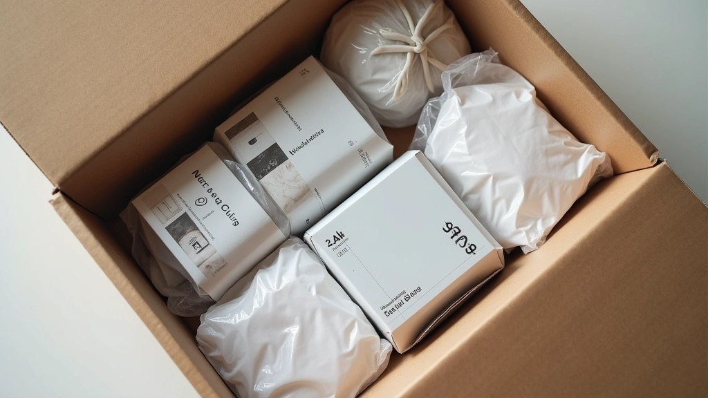 Overhead view of open subscription box filled with wrapped tech products, protective packaging, and welcome card, displaying organized presentation and professional unboxing aesthetic