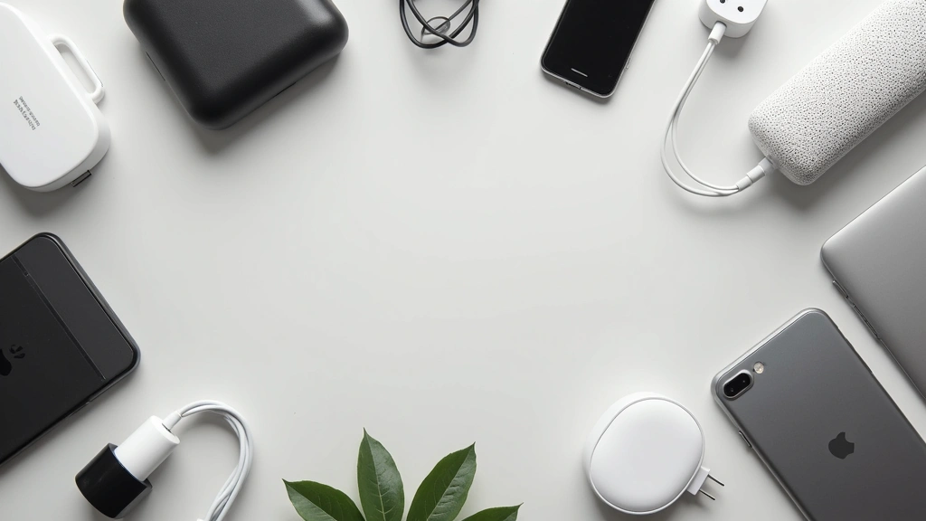 Flat lay composition of various curated tech accessories including charging cables, wireless devices, smart home gadgets, and productivity tools arranged artfully on neutral background