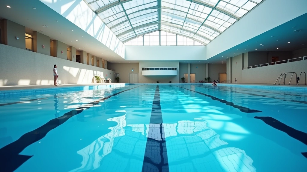 Professional photography of a modern Olympic-standard swimming pool with crystal clear water, lane dividers, and professional diving platform visible in background, bright natural lighting from skylights, pristine pool deck with minimal people
