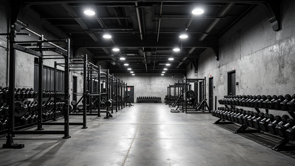 Wide-angle interior shot of a premium strength training facility featuring multiple power racks, squat stations, extensive dumbbell collection, polished concrete floors, high industrial ceilings with professional lighting, modern equipment with no visible branding or text