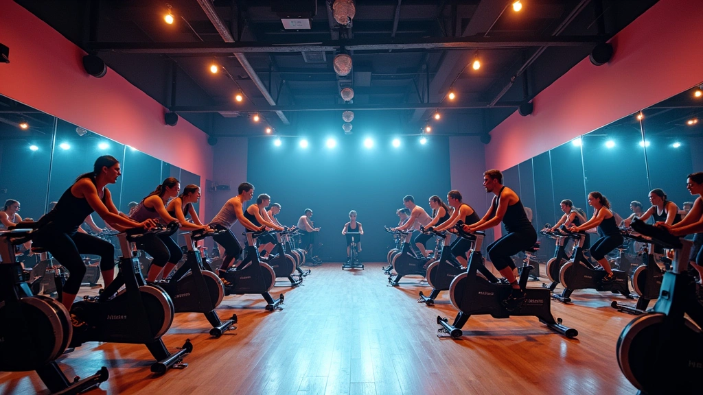 Panoramic view of a state-of-the-art group fitness studio during an active class with dozens of stationary bikes arranged in rows, professional stage lighting, mirrors covering walls, energetic atmosphere with motion blur suggesting active participants
