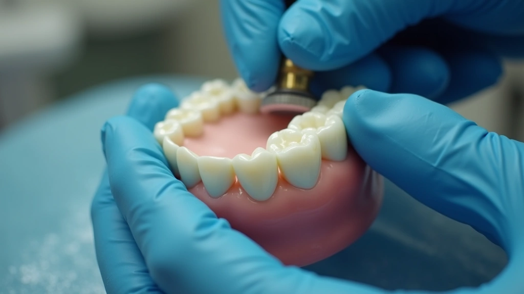 Close-up of dental technician's hands performing precision polishing on ceramic crown restoration using rotating polishing wheel with fine abrasive compound, showing detail work