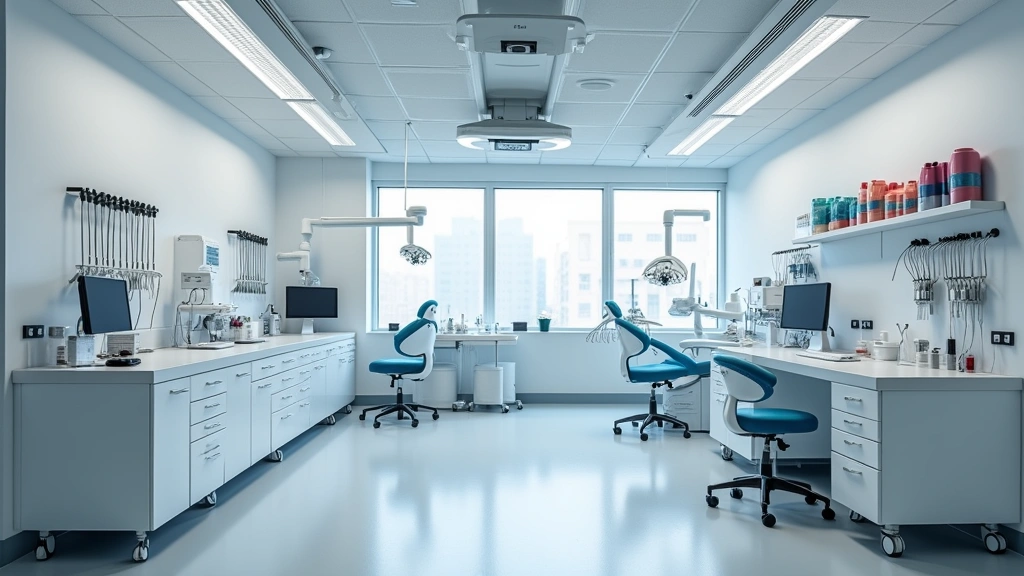 Modern dental lab interior with dust collection system, multiple workstations, protective equipment hanging on wall, and organized storage of polishing compounds and hand instruments