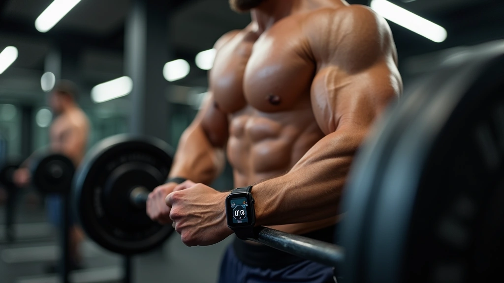 Professional athlete wearing advanced fitness wearable smartwatch on wrist during intense strength training session in modern gym, showing muscular definition and concentration during heavy barbell lift