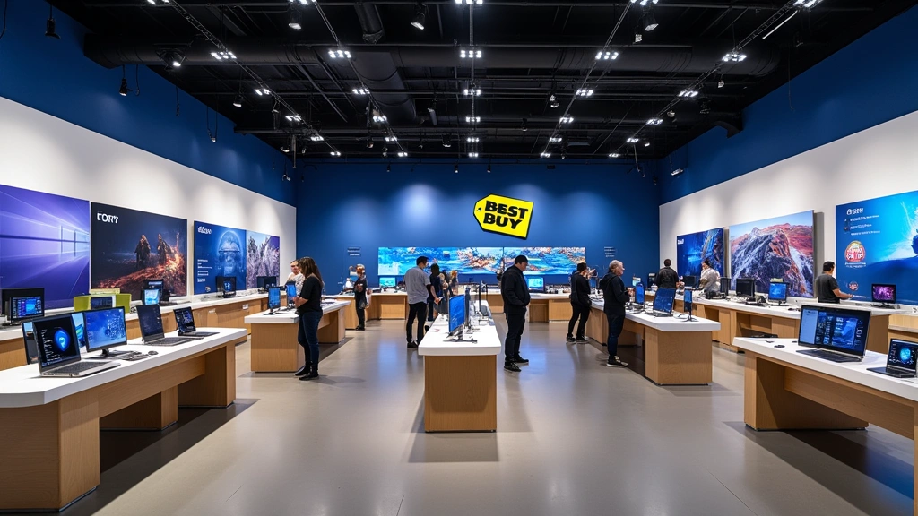 Modern Best Buy store interior with bright lighting, displaying rows of laptops, smartphones, and gaming consoles on sleek shelves, customers browsing electronics, professional retail environment, photorealistic