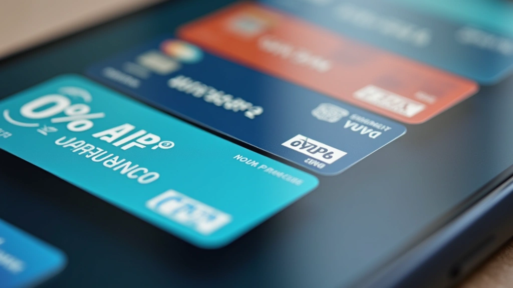 Close-up of various credit cards and payment methods on a smartphone screen showing financing options, digital payment interface with 0% APR promotion visible, modern fintech visualization, photorealistic