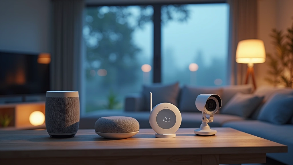 Smart home technology setup showing multiple connected devices including smart speaker, thermostat, security camera, and smart lighting in a contemporary living room, interconnected tech ecosystem, photorealistic
