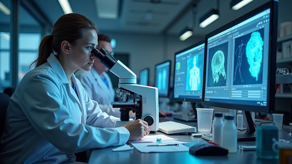 High-tech forensic laboratory with scientists examining evidence under advanced microscopy equipment, multiple computer monitors displaying 3D crime scene reconstructions, professional forensic tools organized on stainless steel tables, modern clean lab environment with specialized lighting