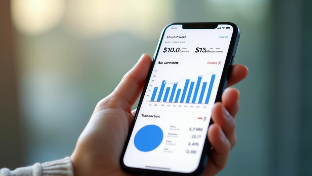 Modern smartphone displaying financial dashboard with charts, account balances, and transaction history on bright screen, professional fintech interface design, clean minimalist layout, held at slight angle