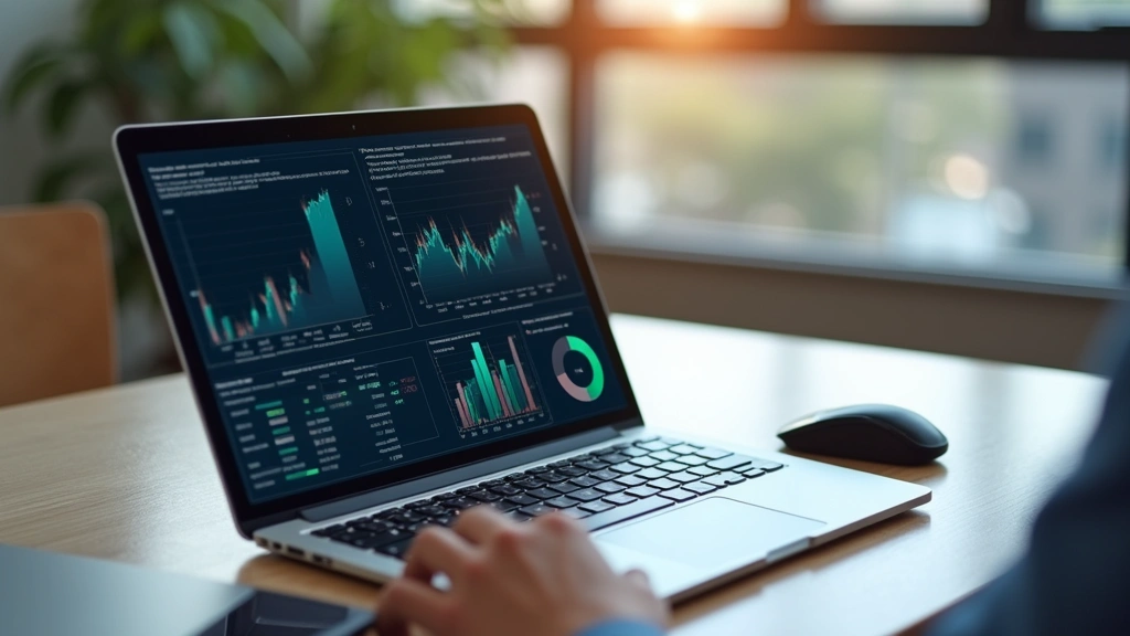 Computer keyboard and mouse beside tablet showing investment portfolio performance graphs, real-time market data, and asset allocation pie charts, professional workspace setup, natural lighting