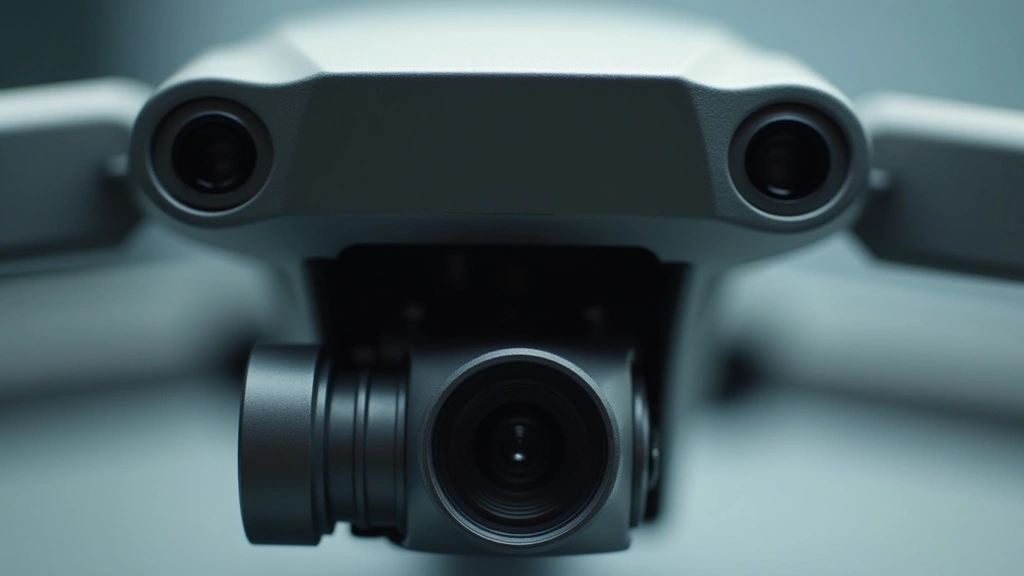 Close-up detailed view of drone camera system showing large sensor, lens assembly, and gimbal mechanisms, professional macro photography with shallow depth of field, clean studio setting