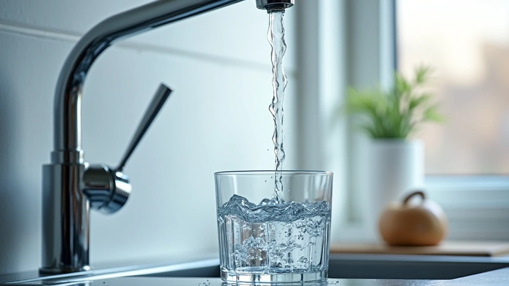 Crystal clear filtered water being dispensed from polished chrome faucet into glass container, water droplets visible, bright kitchen lighting, photorealistic beverage photography