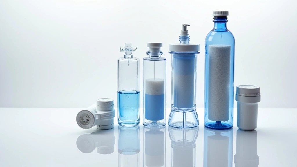 Transparent reverse osmosis membrane cartridge and multi-stage filter components arranged on white surface showing internal purification layers, professional product display photography