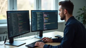 Professional developer working at modern desk with dual monitors displaying code editor and terminal, focused expression, natural lighting from window, minimalist tech workspace