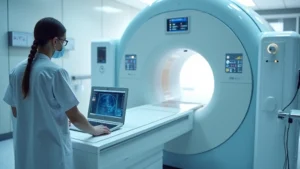 Modern CT scanner room with technologist operating control panel, sleek medical imaging equipment, professional healthcare environment, clinical lighting, high-tech diagnostic center interior