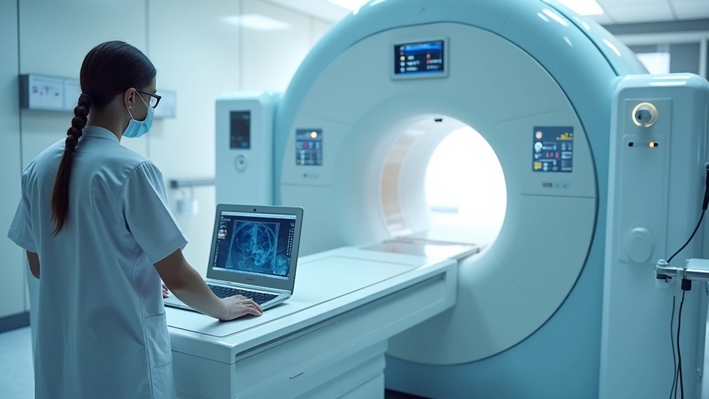 Modern CT scanner room with technologist operating control panel, sleek medical imaging equipment, professional healthcare environment, clinical lighting, high-tech diagnostic center interior