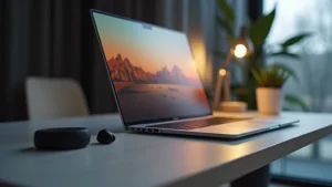 Modern ultrabook laptop on minimalist desk with wireless earbuds and smart home hub, professional lighting setup, shallow depth of field